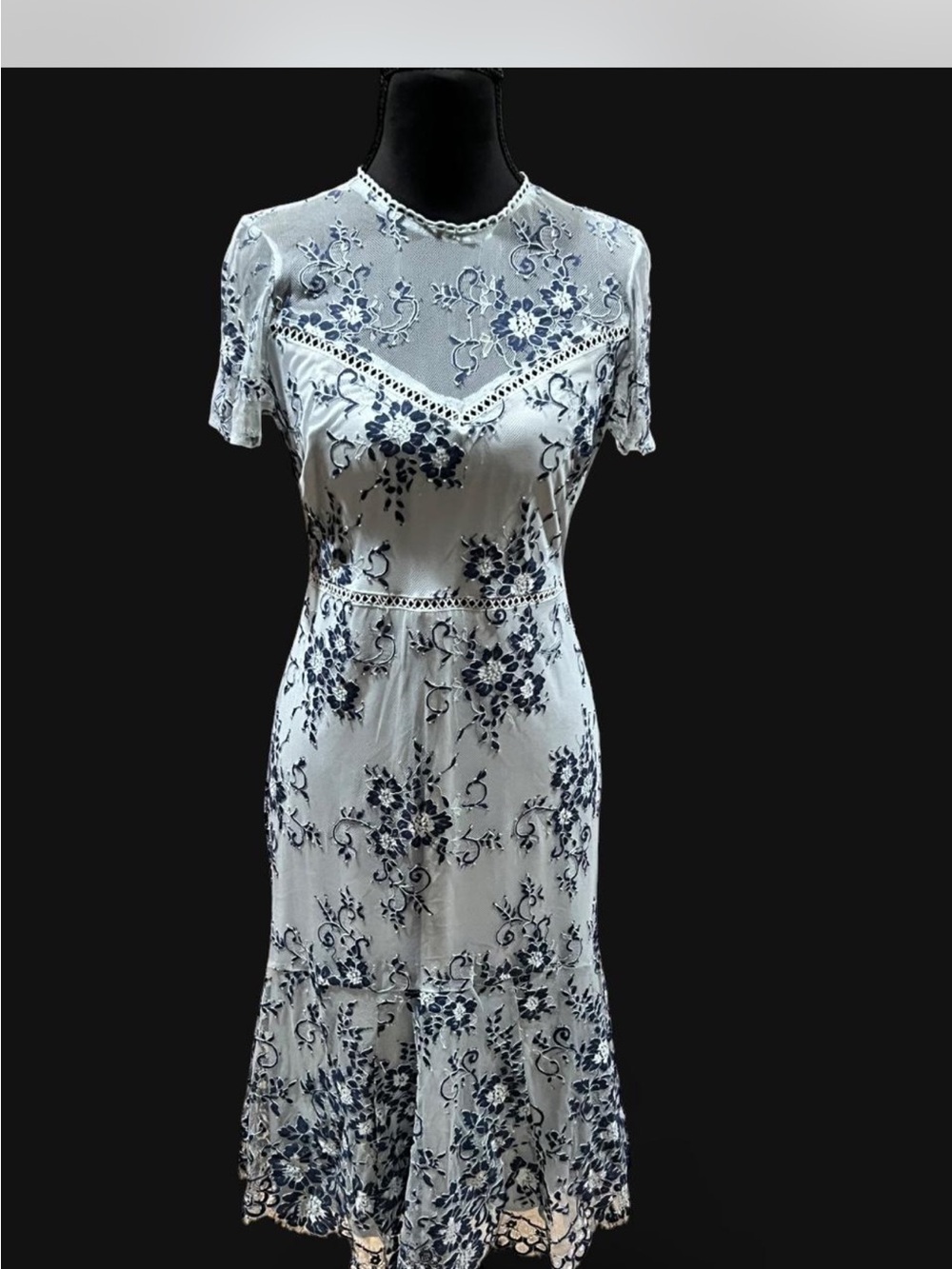 Ivory Midi Dress with Navy Floral Lace Detail